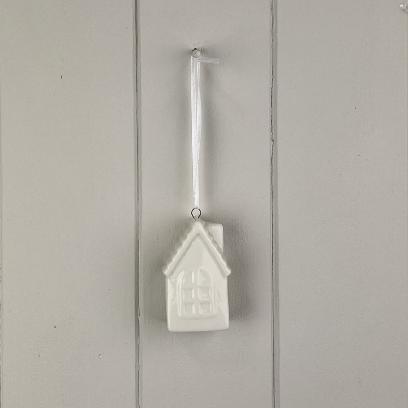 White Ceramic Hanging House with Panelled Window Ornament detail page